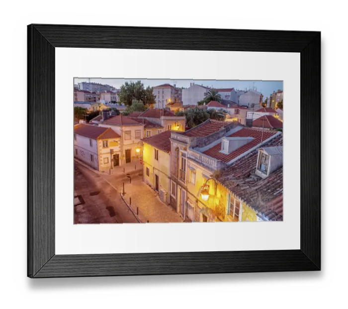 Framed Print : Romantic Lisbon street with the typical old buildings and new buildings