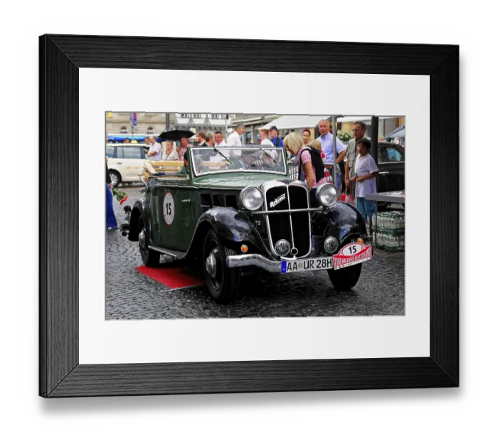 Framed Print : Green convertible classic car in an urban environment at an event with people and light rain Framed Print : Green convertible classic car in an urban environment at an event with people and light rain