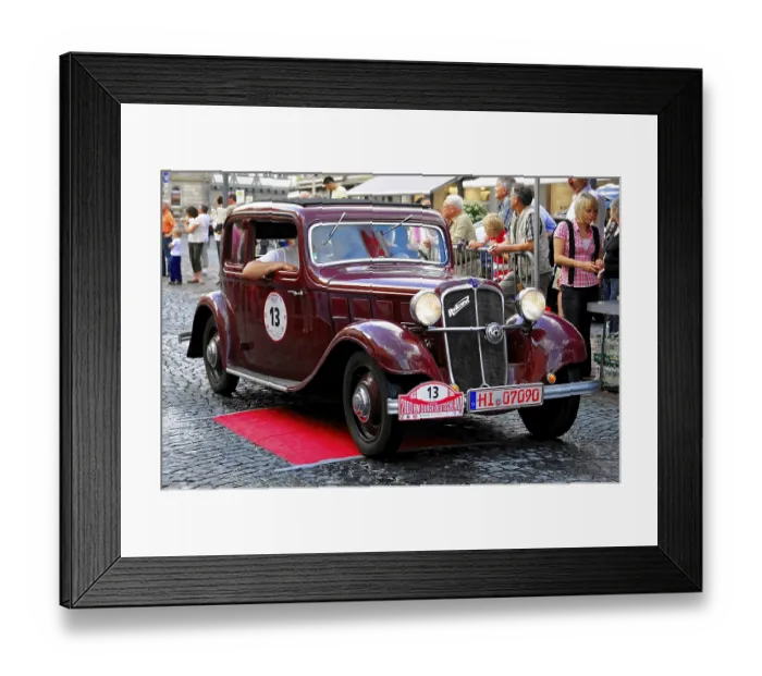 Framed Print : A dark red Opel classic car at a rally