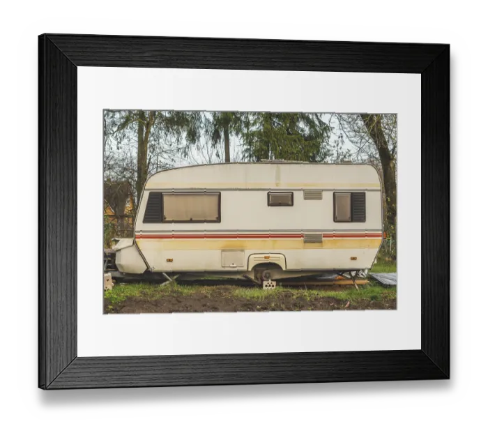 Framed Print : Abandoned vintage caravan / camper Van parked at the garden Framed Print : Abandoned vintage caravan / camper Van parked at the garden
