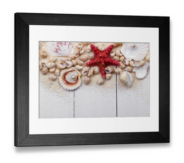 Framed Print : Sea shells on sand summer vacation background