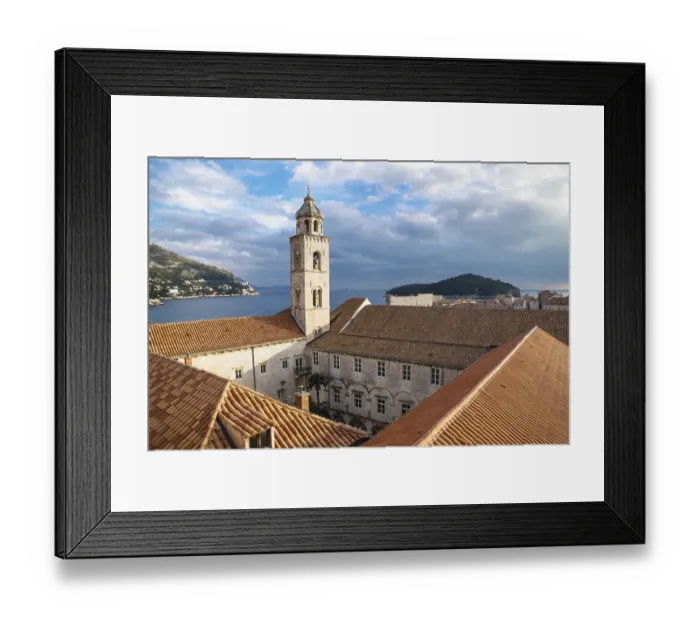 Framed Print : Tower and yard of the Dominican Monastery in Dubrovnik with ocean view Framed Print : Tower and yard of the Dominican Monastery in Dubrovnik with ocean view