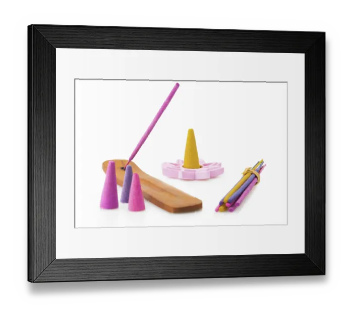 Framed Print : Incense aroma sticks and cones over white