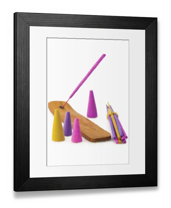 Framed Print : Incense aroma sticks and cones over white