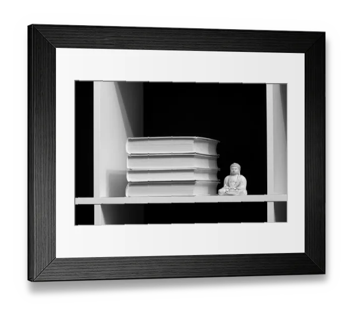 Framed Print : Books on a shelf and buddha over dark. WB image Framed Print : Books on a shelf and buddha over dark. WB image