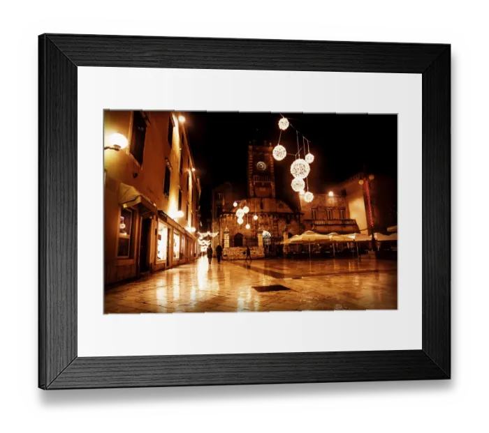 Framed Print : Christmas decorated square in red light in front of church Sveti Lovro