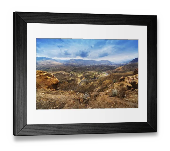 Framed Print : Terrace, mountain and river in a sunny day. Peru Framed Print : Terrace, mountain and river in a sunny day. Peru