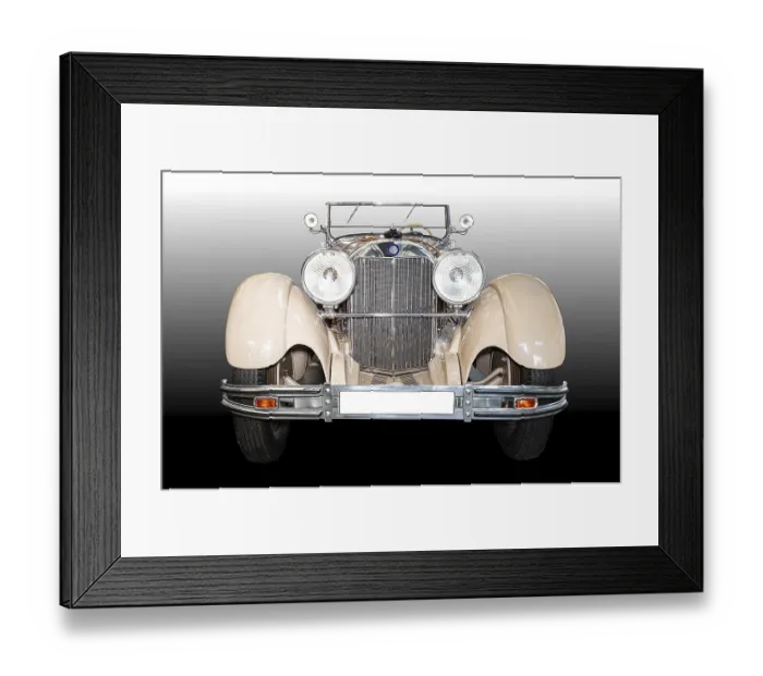 Framed Print : Front view open convertible oldtimer car with big grid