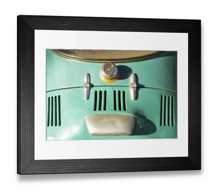Framed Print : Detail of a tank filling point of an oldtimer car in turquoise colour Framed Print : Detail of a tank filling point of an oldtimer car in turquoise colour