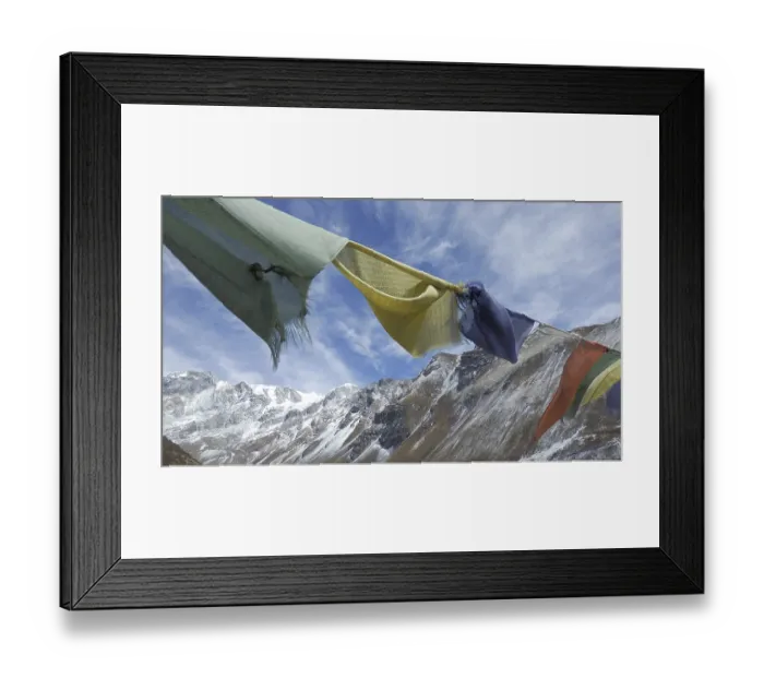 Framed Print : Colourful prayer flags flying in close-up against a background of a snowy mountain range
