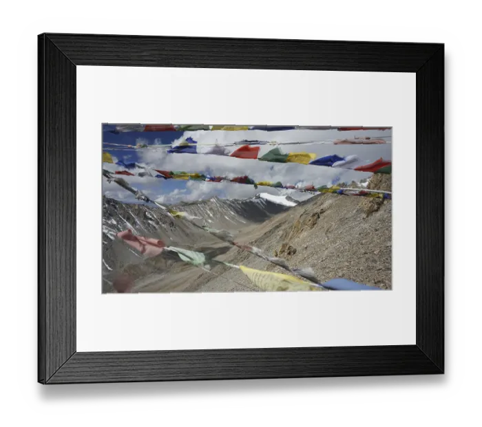 Framed Print : Colourful prayer flags flutter against a high-mountain backdrop