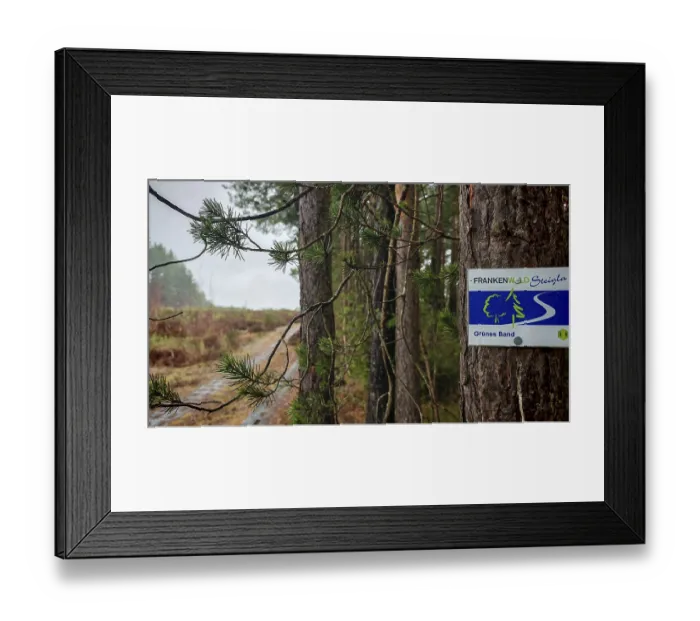 Framed Print : A sign on the Frankenwaldsteigla on a tree marks a hiking trail in the forest Framed Print : A sign on the Frankenwaldsteigla on a tree marks a hiking trail in the forest