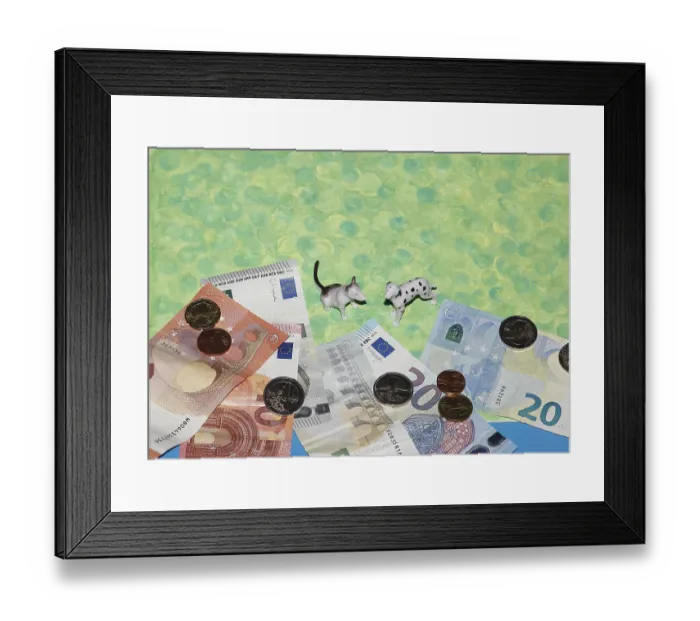 Framed Print : Bull terrier and Dalmatian miniature figure standing on green background with euro coins and notes Framed Print : Bull terrier and Dalmatian miniature figure standing on green background with euro coins and notes