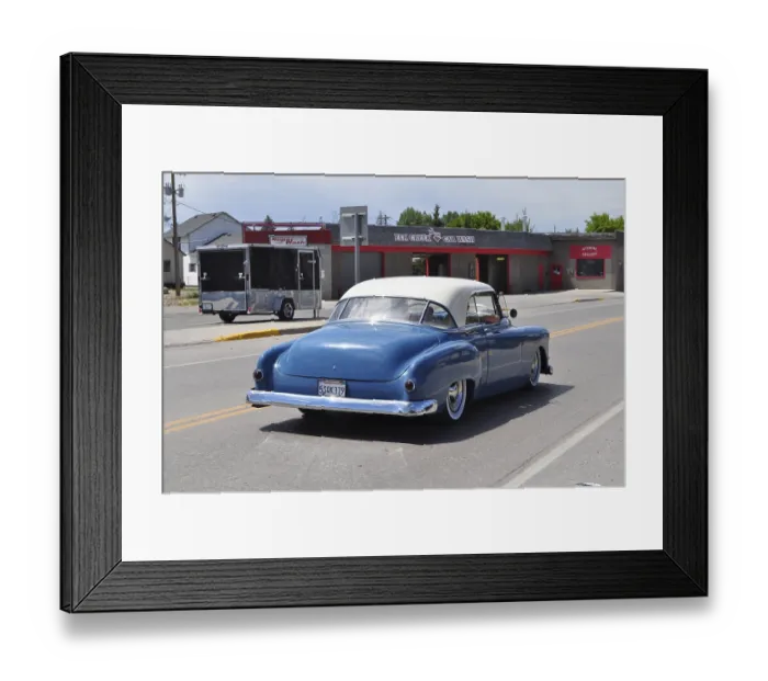 Framed Print : A blue and white vintage car, Hot Rod