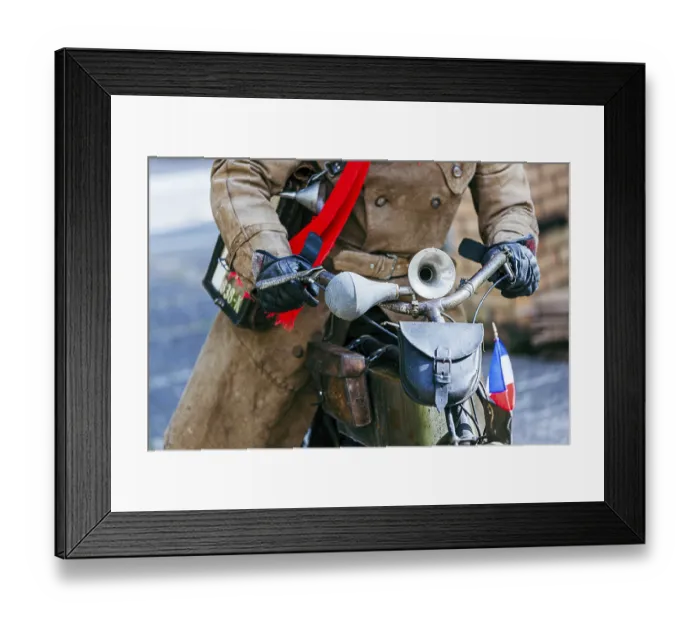 Framed Print : Close up of a driver of a old belt drive motorcycle ca 1903 with leather gloves and Old-fashioned Vintage coat Framed Print : Close up of a driver of a old belt drive motorcycle ca 1903 with leather gloves and Old-fashioned Vintage coat