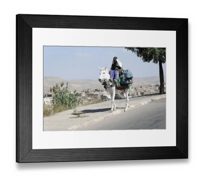 Framed Print : Fes, person riding on a donkey loaded with backpacks