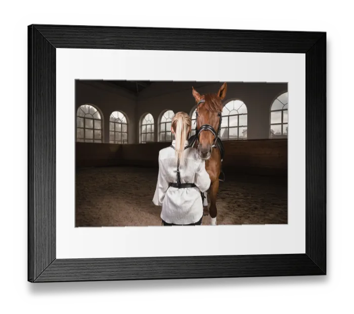Framed Print : Image of a blonde woman in the form of a rider from the back
