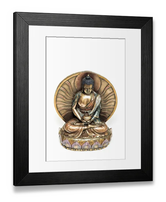 Framed Print : Buddha sculpture on lotus base with radiant backdrop