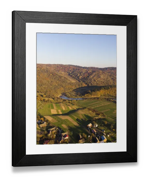 Framed Print : Aerial Drone View of autumn mountains with forests and river