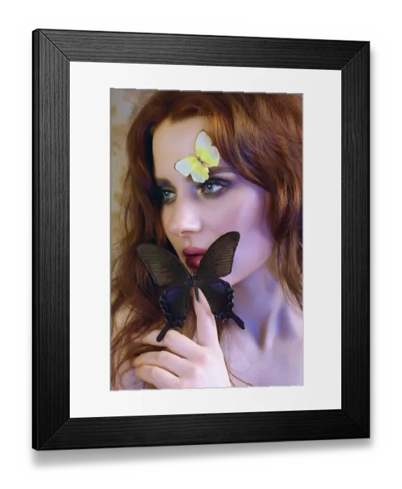 Framed Print : Close up portrait of tender girl with butterflies on her face and body Framed Print : Close up portrait of tender girl with butterflies on her face and body