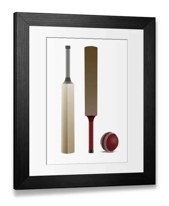 Framed Print : A pair of cricket bats and a ball isolated on white