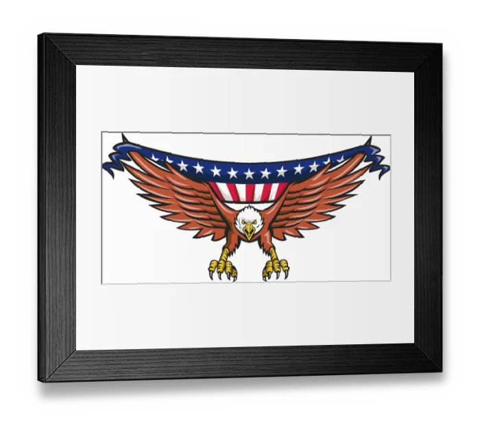 Framed Print : Illustration of an american bald eagle flying swooping viewed from front with usa american stars