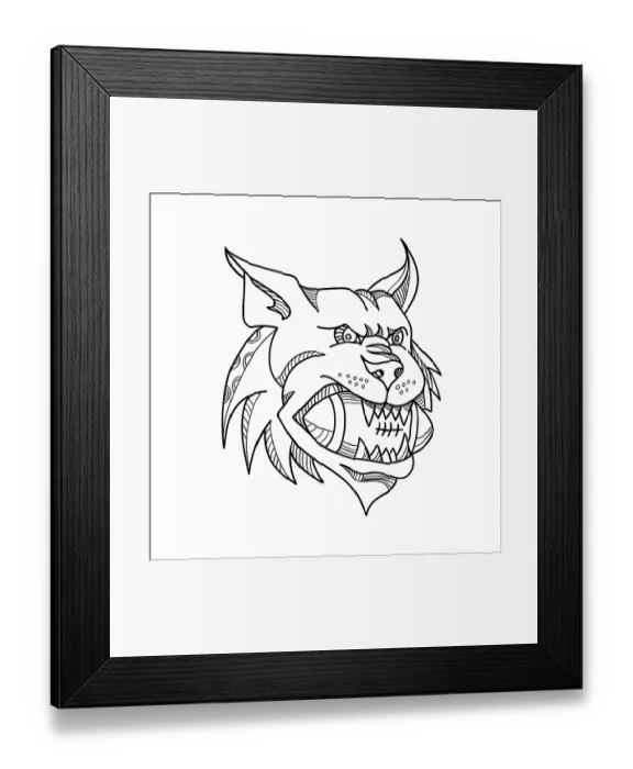 Framed Print : Mono line illustration of a head of a Canada lynx