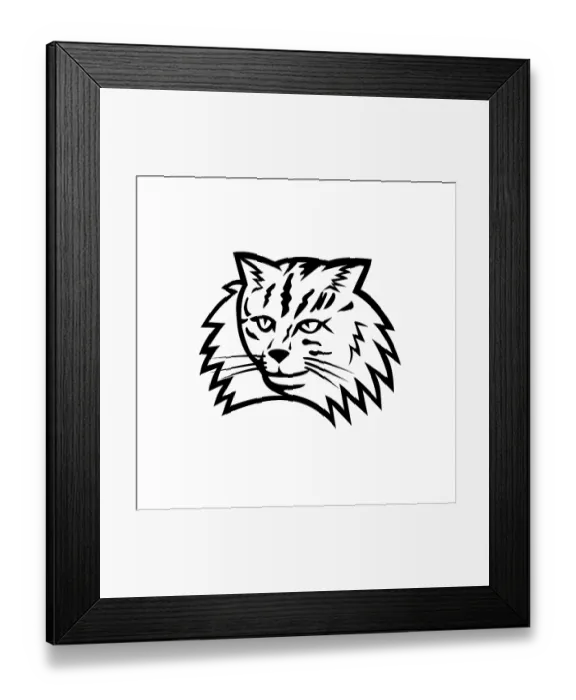 Framed Print : Black and White mascot illustration of head of a Norwegian Forest Cat