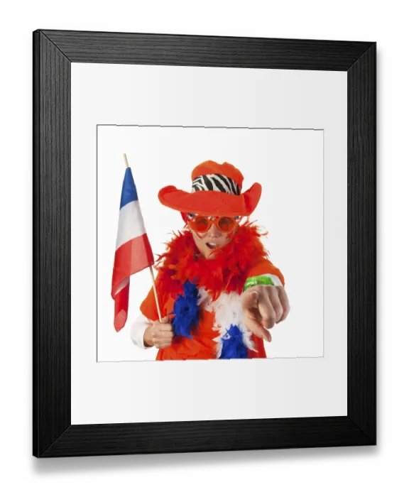 Framed Print : Dutch woman dressed in orange with Holland flag
