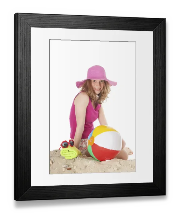 Framed Print : Young woman on vacation at the beach in the studio