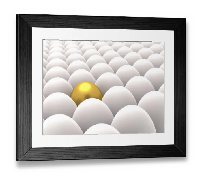Framed Print : 3D rendering of rows of white eggs with one golden egg among