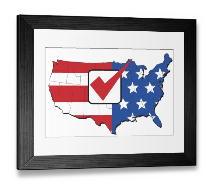 Framed Print : Illustration of map of United States of America with stars and stripes American flag and tick mark
