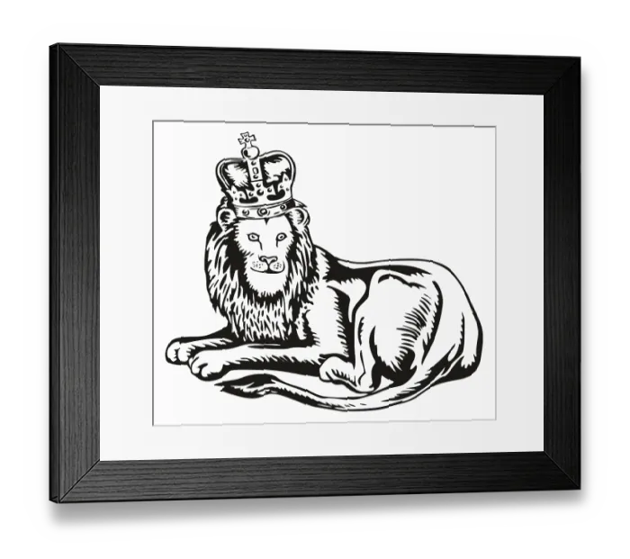 Framed Print : Illustration of a lion with a crown sitting lying isolated on white background done in retro style