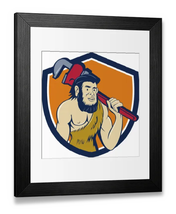 Framed Print : Illustration of a neanderthal man or caveman plumber holding monkey wrench on shoulder set inside shield crest Framed Print : Illustration of a neanderthal man or caveman plumber holding monkey wrench on shoulder set inside shield crest