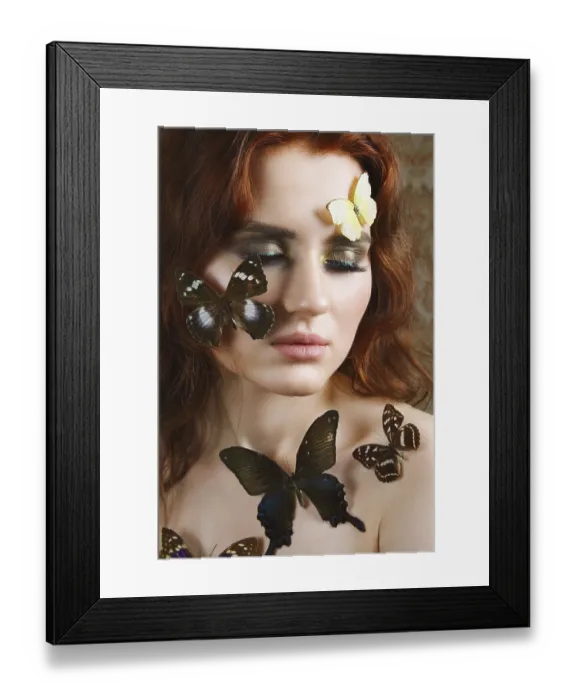 Framed Print : Close up portrait of tender girl with butterflies on her face and body