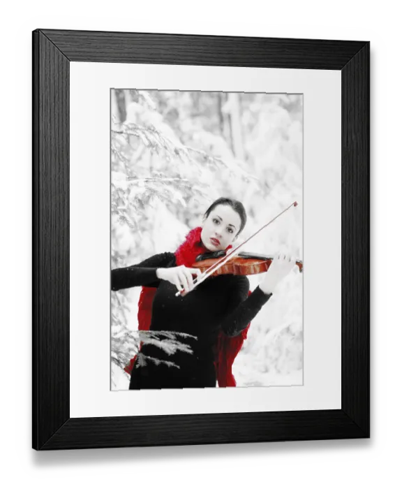Framed Print : Woman, 19 years, with violin in a snowy winter landscape