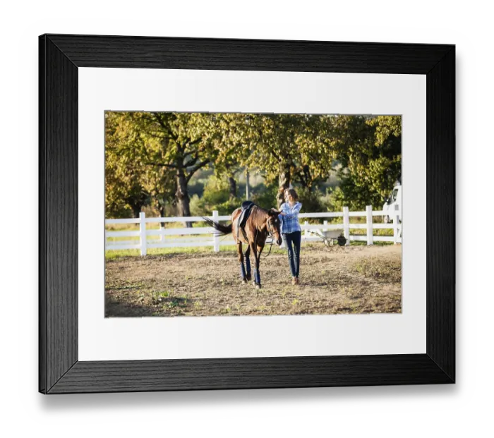 Framed Print : Beautiful girl leading her brown horse at the farm