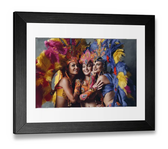 Framed Print : Three Woman in brazilian samba carnival costume with colorful feathers plumage