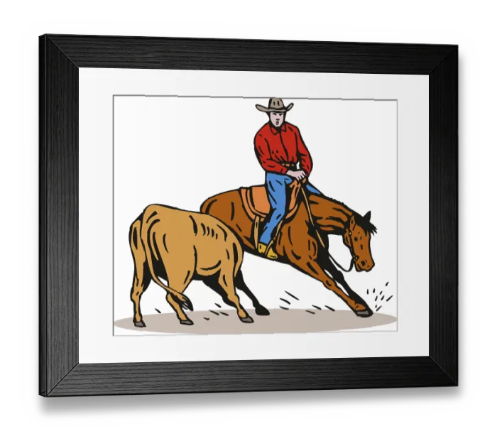 Framed Print : Illustration of rodeo cowboy riding horse with calf on isolated white background Framed Print : Illustration of rodeo cowboy riding horse with calf on isolated white background