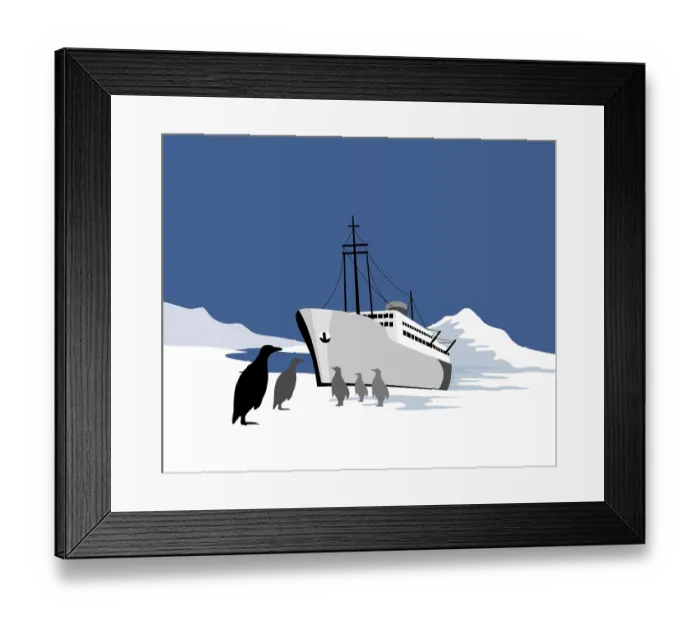Framed Print : Illustration of a passenger cargo ship done in retro style with penguins in the south pole antartic polar region