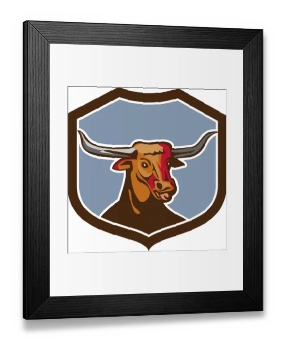 Framed Print : Illustration of a texas longhorn red bull head tongue out set on inside shield crest on isolated background done