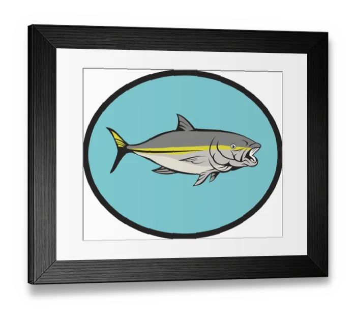 Framed Print : Illustration of a yellowtail kingfish viewed from side set inside oval done in cartoon style
