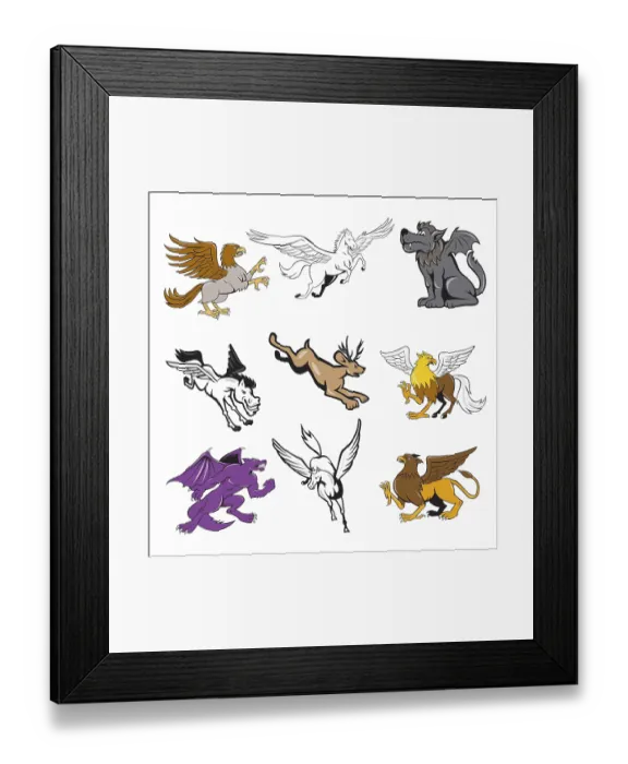 Framed Print : Set or collection of cartoon character mascot style illustration of legendary