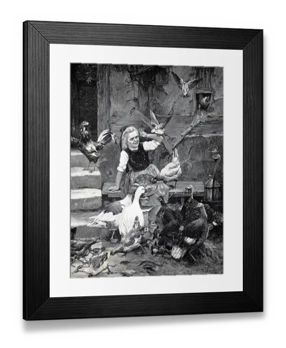 Framed Print : Girl wants to feed the house birds and is attacked by the hungry birds