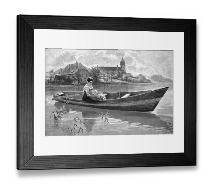 Framed Print : Young woman with her baby is on a rowing boat on the lake