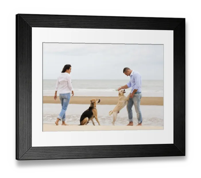 Framed Print : Portrait of a happy couple with dogs at the beach