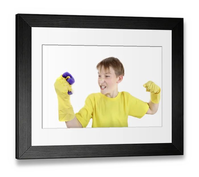 Framed Print : Angry Kid with Bath Sponge and Rubber Gloves Isolated On The White Background