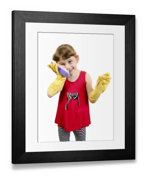 Framed Print : Cheerful Little Girl with Bath Sponge and Rubber Gloves Isolated on the White