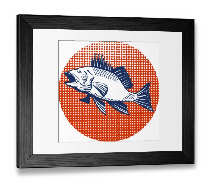 Framed Print : Illustration oif a sea bass jumping done in retro style