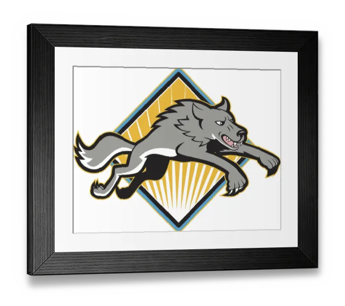 Framed Print : Illustration of a gray wolf jumping attacking done in cartoon style